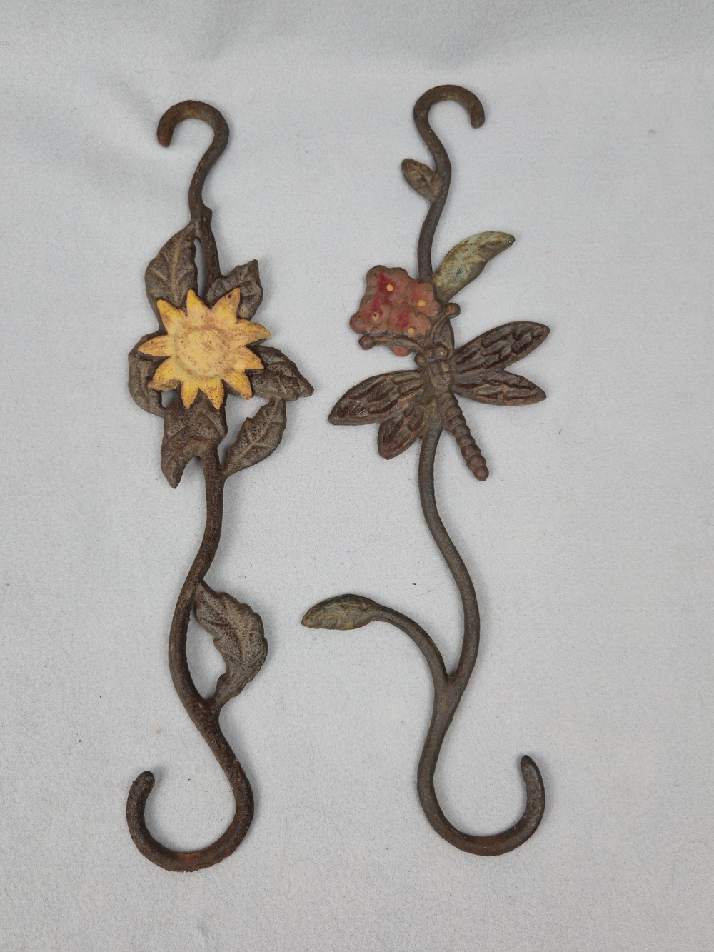 Vintage Cast Iron Sunflower & Dragonfly Wall Hooks Set Rustic Garden Decor 15.5"
